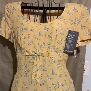 Yellow with blue and white flowers long dress